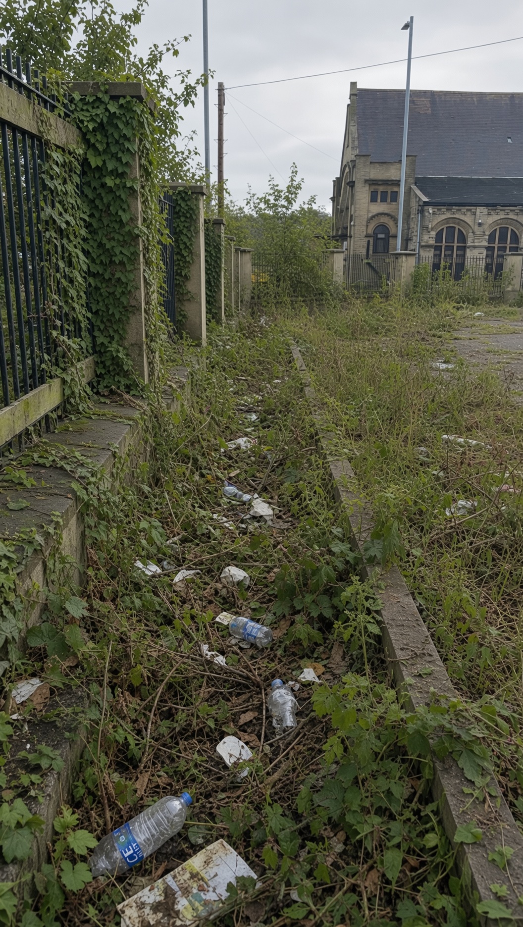 Before: overgrown weeds and litter along a fenced pathway in Yorkshire